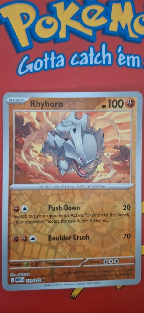 Rhyhorn 111/165 holo, Hobby en Vrije tijd, Verzamelkaartspellen | Pokémon, Zo goed als nieuw, Losse kaart, Foil, Ophalen of Verzenden