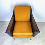 vintage fauteuil lounge stof skai hout oranje zwart 50s 60s, Ophalen, Gebruikt, -, Metaal