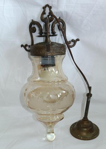 Vintage antiek hanglamp hallamp glas metaal bloemmotief beschikbaar voor biedingen