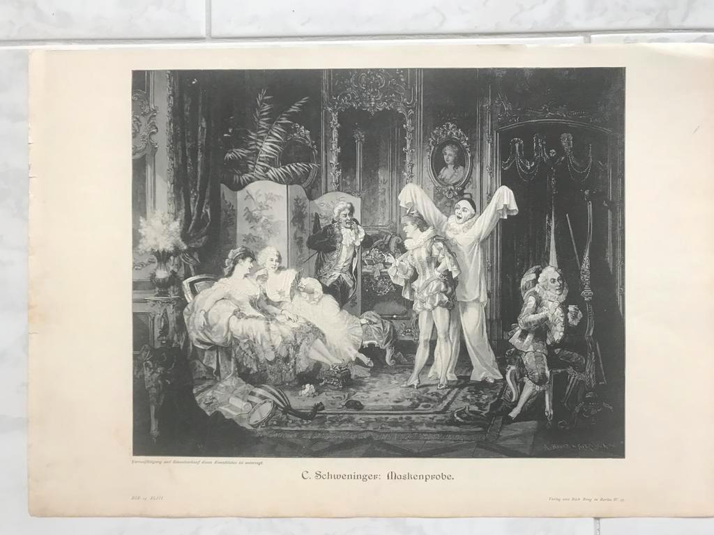 C. Schweninger, Maskenprobe, or. gravure 1896, 29x23cm.Mooi!, Antiek en Kunst, Kunst | Etsen en Gravures, Ophalen of Verzenden