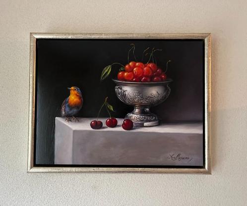 Schilderij Alfonso Moreno roodborstje en kersen op paneel., Antiek en Kunst, Kunst | Schilderijen | Klassiek, Ophalen of Verzenden