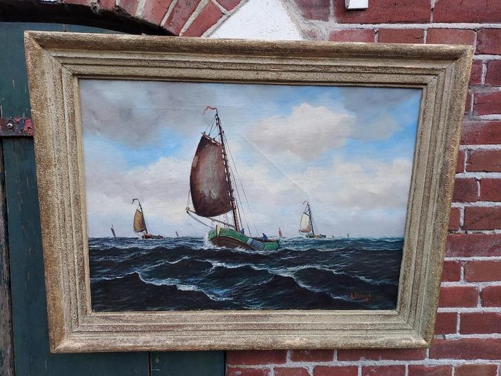 Schilderij botters op de zee, A. Sleeswijk., Antiek en Kunst, Kunst | Schilderijen | Klassiek, Ophalen