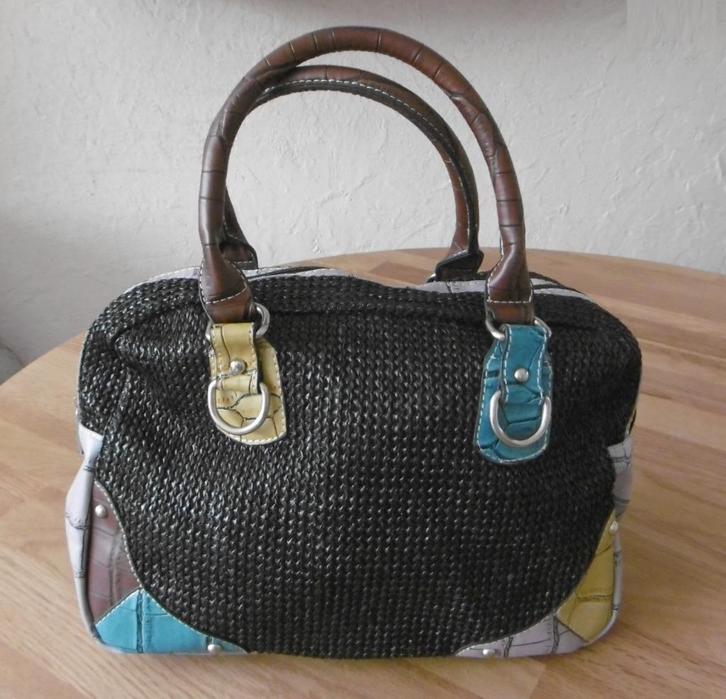 Handtas zwart gewoven met gekleurde leren stukken Croco, Sieraden, Tassen en Uiterlijk, Tassen | Damestassen, Zo goed als nieuw