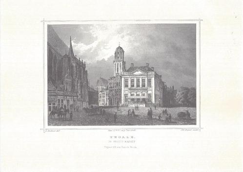 Staalgravure Zwolle - o.a Sassen-Poort Groote-Markt, Antiek en Kunst, Kunst | Etsen en Gravures, Ophalen of Verzenden
