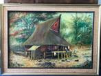 Vintage Olie Schilderij uit Indonesië Gesigneerd jaren 1976, Ophalen