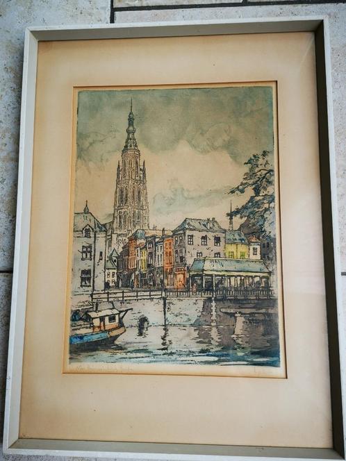 Handingekleurd Ets Litho Prinsenkerk in Breda prinsen Oranje, Antiek en Kunst, Kunst | Etsen en Gravures, Ophalen of Verzenden