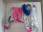 Zilver/Roze Glitter Jas met Masker en Bloemenkans Maat 128, Ophalen of Verzenden, Gebruikt, 122 t/m 128, Meisje