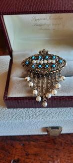 Antieke  ajour broche met zaadparels en turkoois., Ophalen of Verzenden, Overige materialen, Broche, Met edelsteen