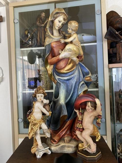 Prachtige Grote houten Grödnertal Madonna met 2 engelen hout, Antiek en Kunst, Antiek | Religie, Ophalen of Verzenden