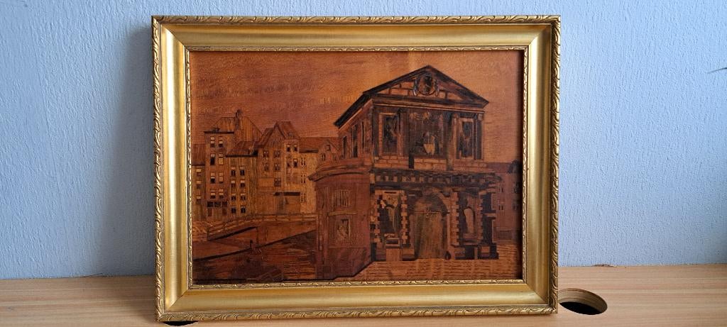 Delftse Poort Rotterdam hout ingelegd marqueterie schilderij, Antiek en Kunst, Kunst | Schilderijen | Klassiek, Ophalen of Verzenden