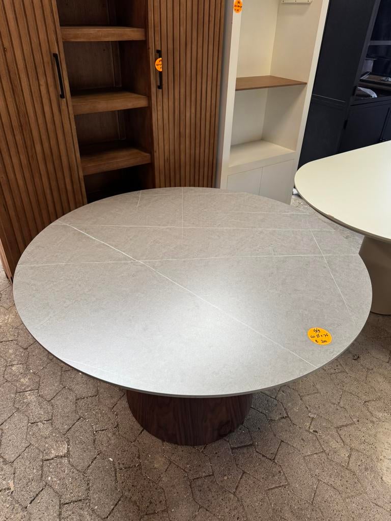 Eettafel rond 120 cm marmer blad met acaciahout poot b keus, Ophalen, Japandi, Overige materialen, Rond