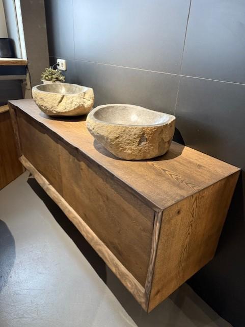 Eiken badmeubel met lades en waskommen op maat gemaakt, Niet ingevuld, 150 tot 200 cm, Niet ingevuld, Nieuw