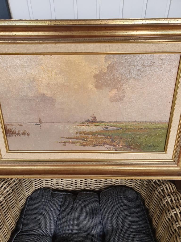 Schilderij van Bart Kreek met molen en boot, Antiek en Kunst, Kunst | Schilderijen | Klassiek, Ophalen of Verzenden