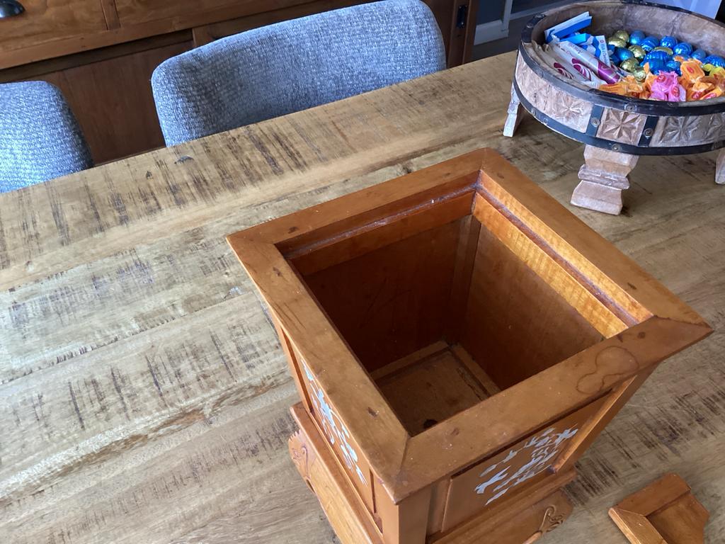 Houten prullenbak met inlegwerk, Ophalen, Gebruikt, Bruin, Hout