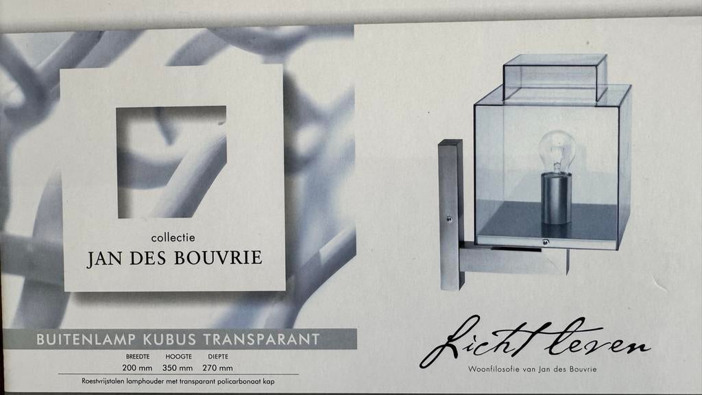 Jan des Bouvrie Buitenlamp Kubus Transparant, Tuin en Terras, Buitenverlichting, Minder dan 50 watt, Wandlamp, Nieuw, Ophalen of Verzenden