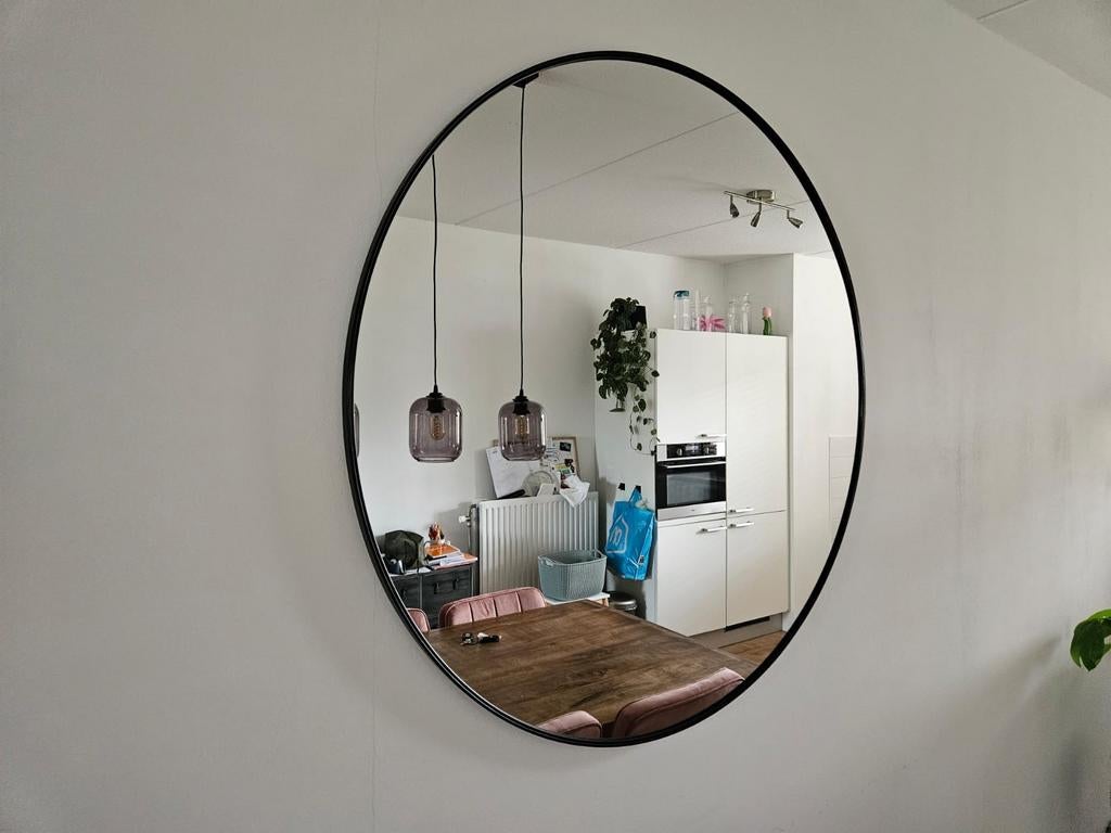 Grote ronde spiegel met zwarte rand, Ophalen, Rond, Zo goed als nieuw, 100 tot 125 cm