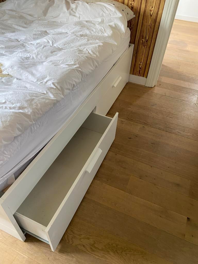 IKEA Brimnes bed met 4 laden en lattenbodem, Ophalen, Gebruikt, Wit, Tweepersoons