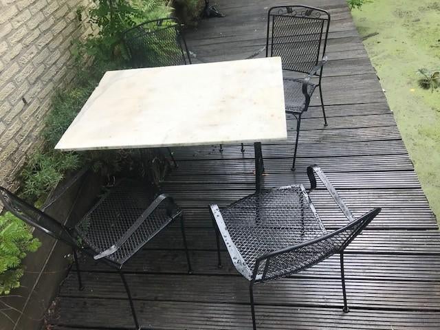 tuinset tafel wit marmer blad 4 fauteuilles, Ophalen, Gebruikt, Tuinset, Overige materialen