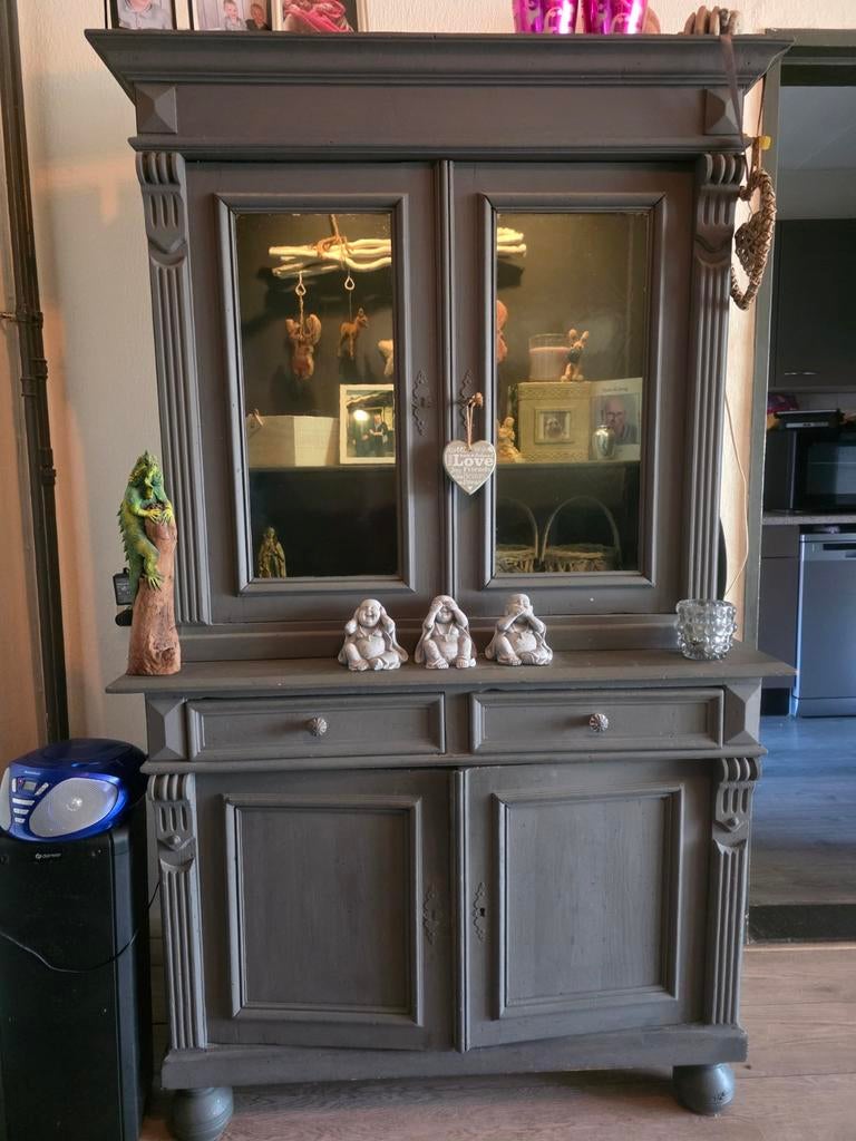 Brocante vitrinekast/buffetkast met verlichting, Huis en Inrichting, Kasten | Vitrinekasten, Ophalen, 150 tot 200 cm, 25 tot 50 cm