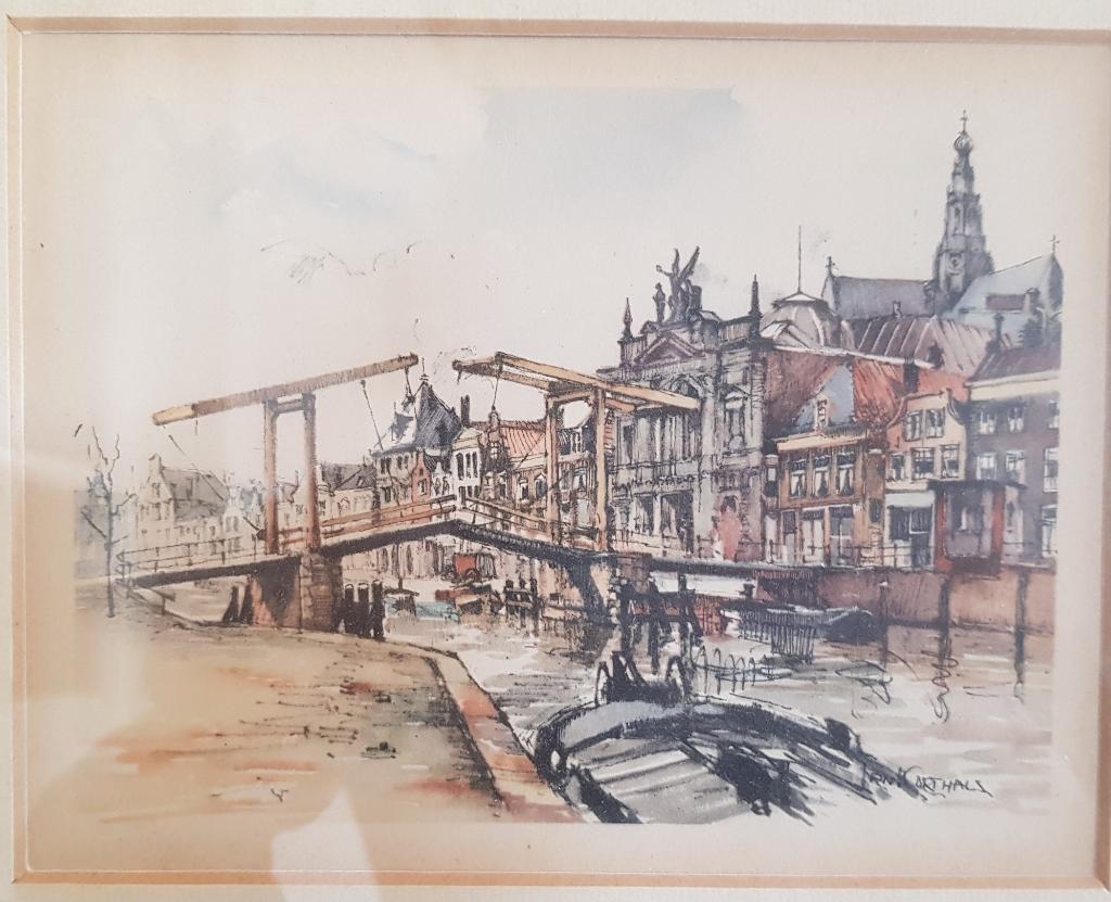 Jan Korthals ingelijste litho Teyler's Museum Haarlem, Ophalen of Verzenden