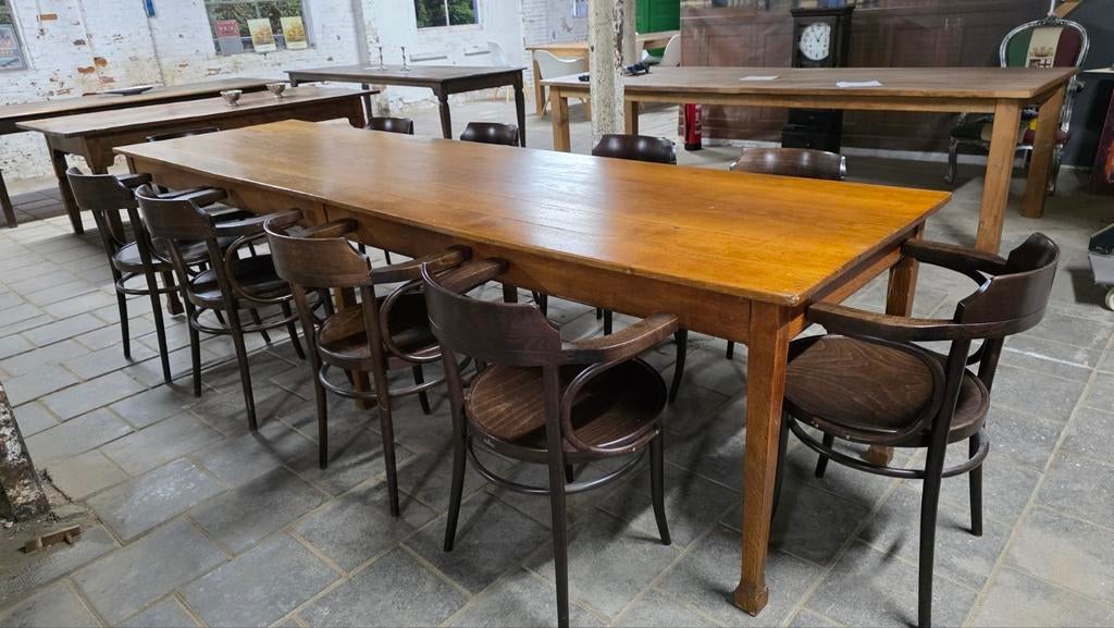 Boerentafel 320 cm lang + 10 thonet stijl cafestoelen, Huis en Inrichting, Tafels | Eettafels, Gebruikt, Eikenhout, 200 cm of meer