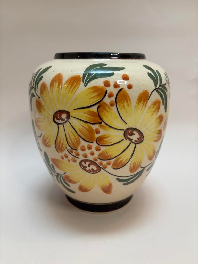 Vintage Gouda Plateel Vaas - Zonnebloemen Gesigneerd, Antiek en Kunst, Ophalen of Verzenden