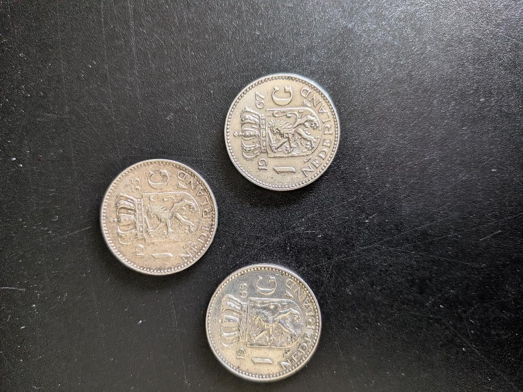 3 zilveren guldens uit 1955, 1965, 1967, 1 gulden, Koningin Juliana, Zilver, Ophalen of Verzenden