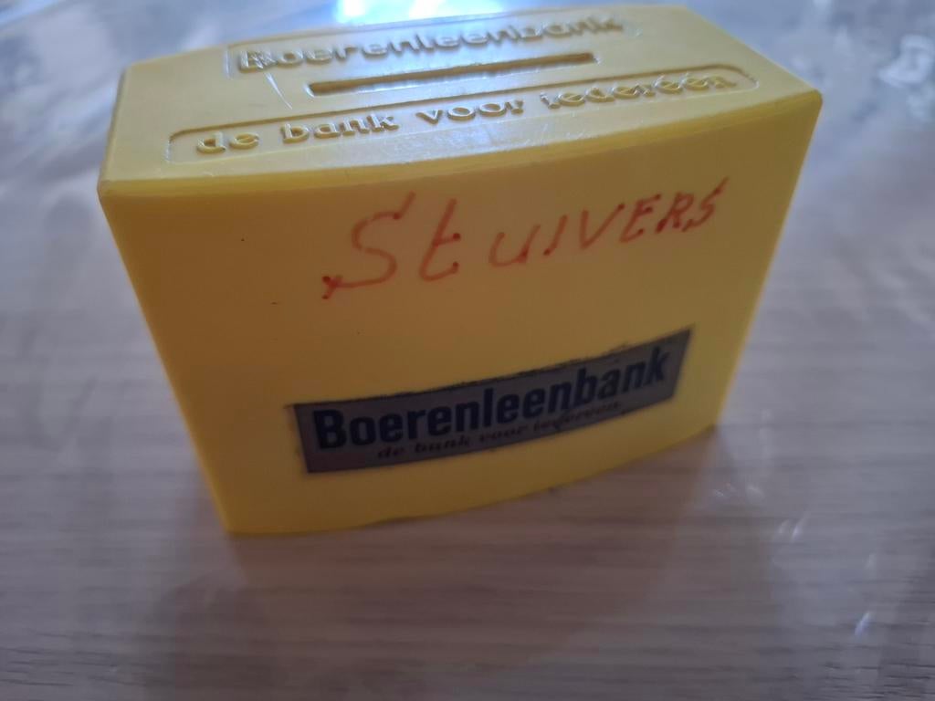 Vintage Boerenleenbank spaarpot - Geel, met tekst, Ophalen, Gebruikt, Kunststof, Overige thema's