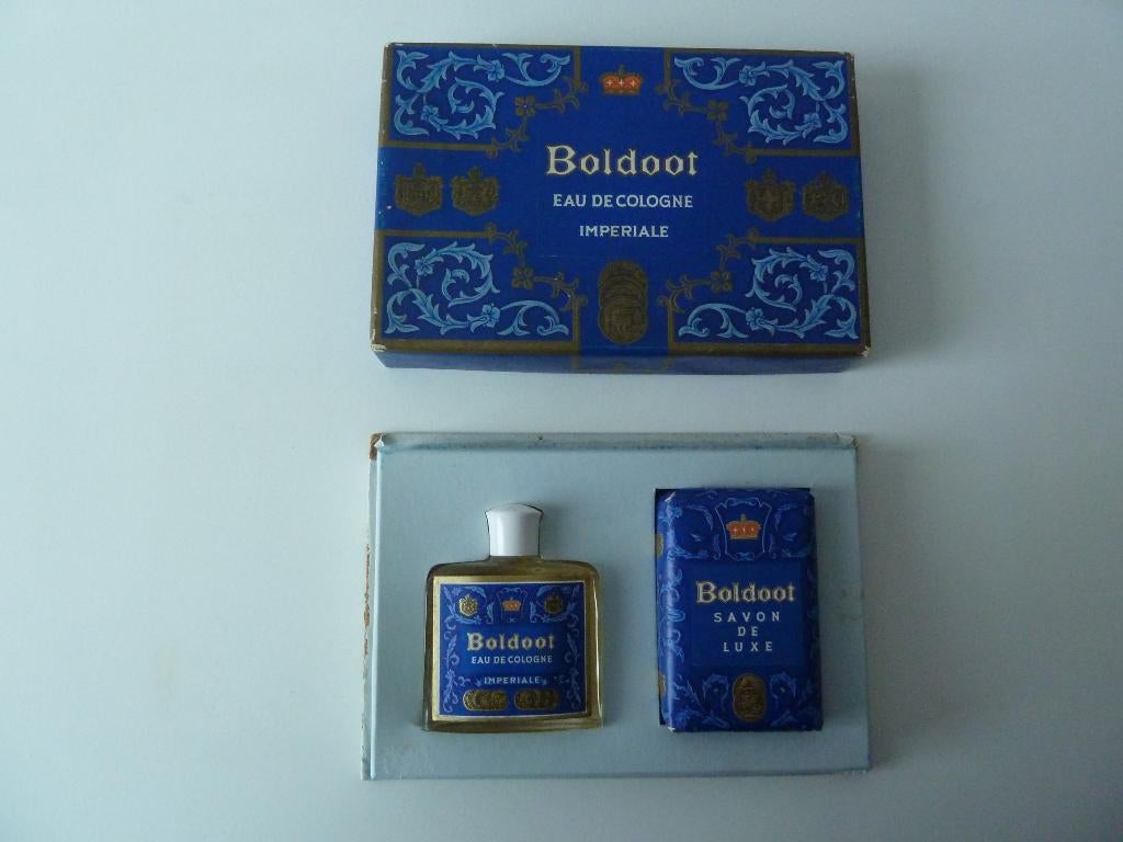 Zeer oude geschenkverpakking Boldoot eau de cologne en zeep, Ophalen of Verzenden, Parfumfles