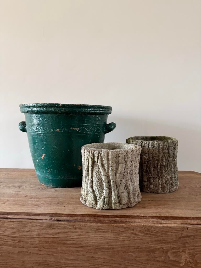 Oude Franse boomstam potjes van beton, handgehaakt, Ophalen, Gebruikt, Minder dan 30 cm, Minder dan 60 cm