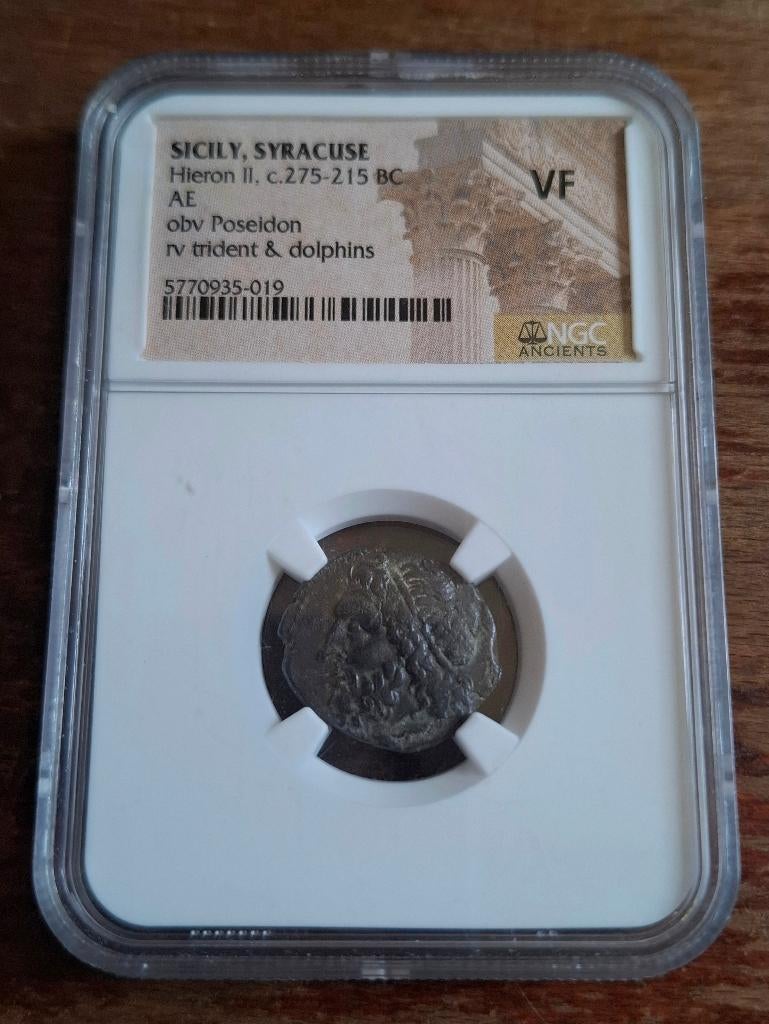 Griekse munt van Hieron II - Poseidon 275v.Chr. NGC slab, Verzenden, Overige landen, Losse munt, Zilver