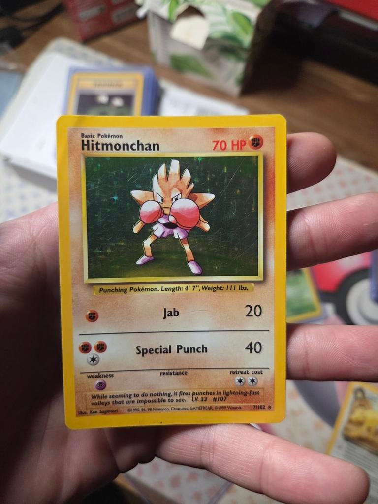 Hitmonchan Holo 7/102 Base Set 1999 Wotc, Ophalen of Verzenden, Zo goed als nieuw, Losse kaart, Foil