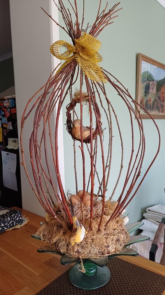 Droog boeket met vogeltjes met glazen bloemen schaal., Huis en Inrichting, Ophalen