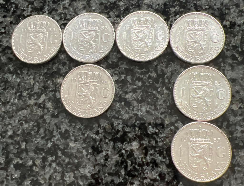 7 Zilveren Guldens Koningin Juliana (1955, 1956, 1964, 1965), Postzegels en Munten, 1 gulden, Koningin Juliana, Zilver, Ophalen of Verzenden