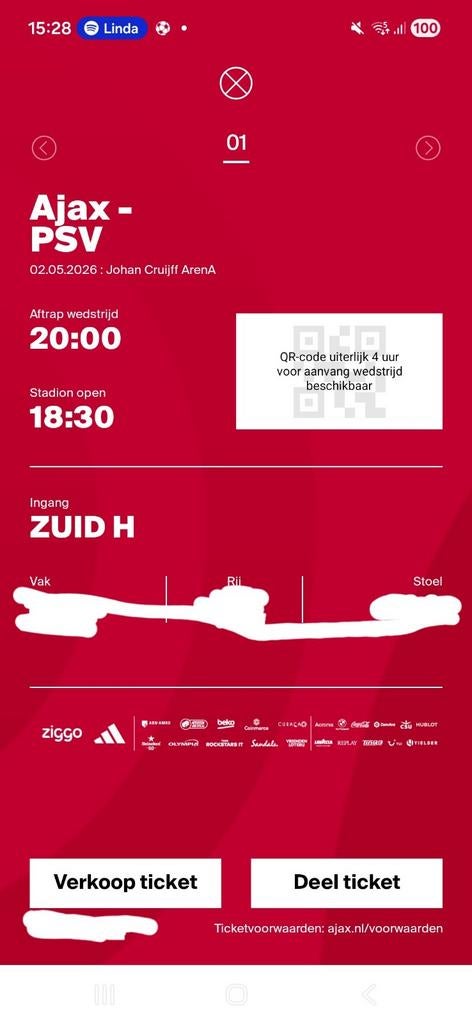 Ajax psv f side kaart, Tickets en Kaartjes, Eén persoon, Februari