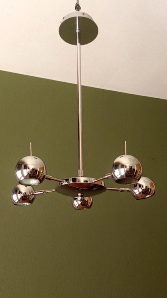 Vintage Space Age Chroom MidCentury Eyeball Hanglamp Chromen, Huis en Inrichting, Lampen | Hanglampen, Gebruikt, 50 tot 75 cm