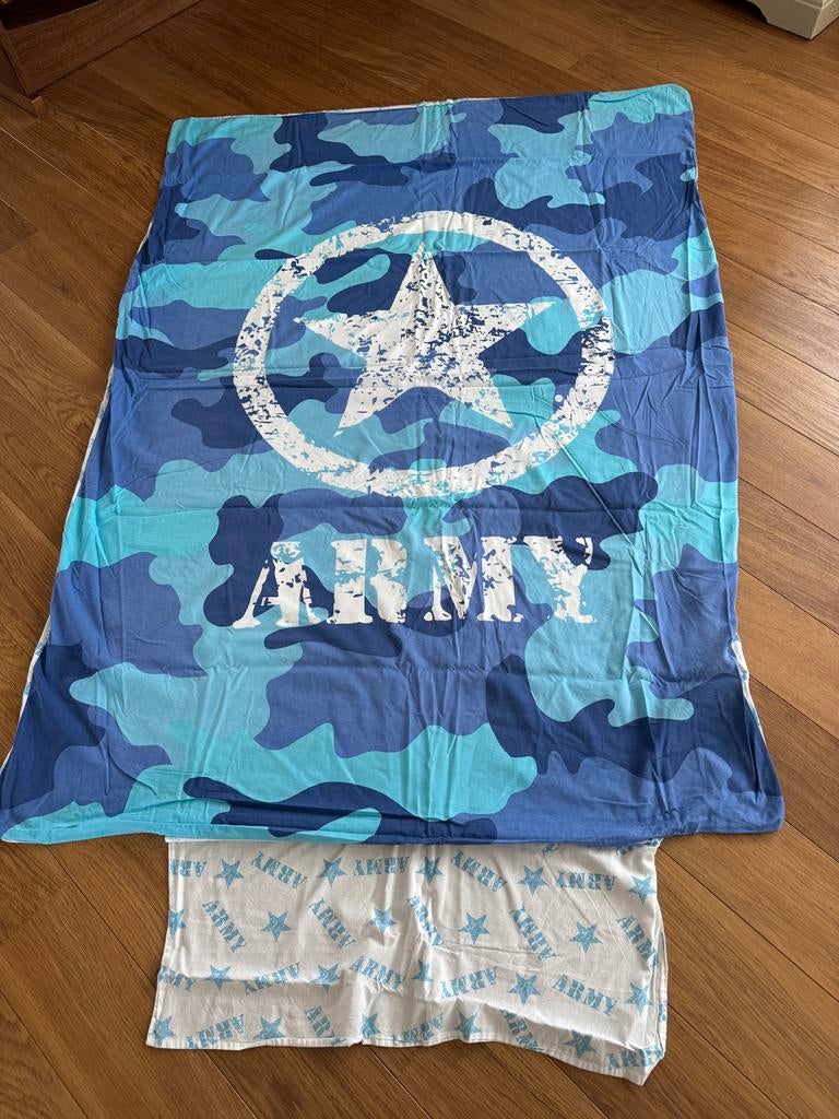 Eenpersoons dekbedovertrek met legerprint - Blauw/Wit, Gebruikt, Eenpersoons, Blauw, Dekbedovertrek