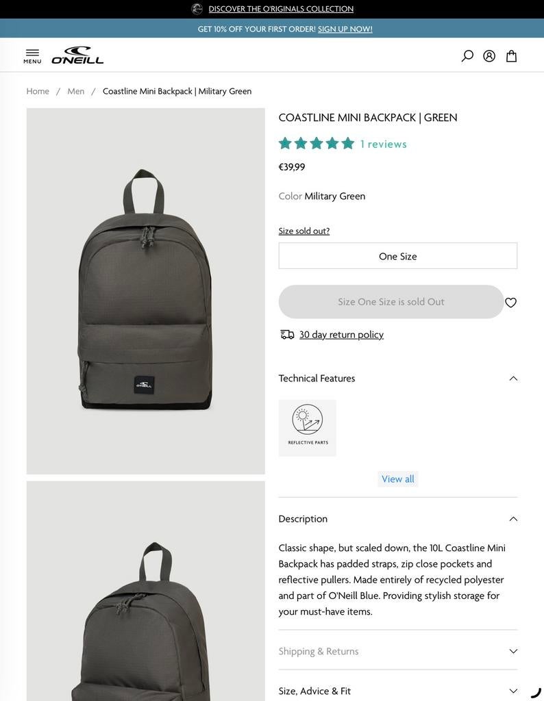 O’Neill Coastline Backpack Military Green rugzak reis rugtas, Overige merken, 25 tot 40 cm, Nieuw, Ophalen of Verzenden