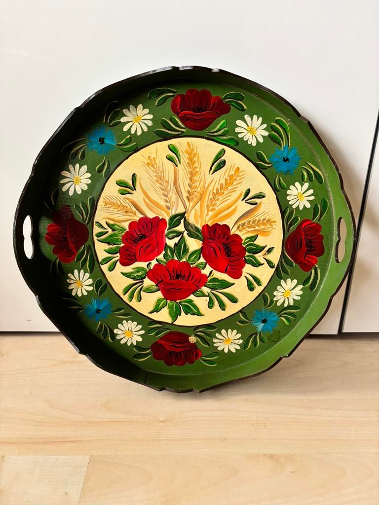 Houten dienblad handbeschilderd bloemen, Huis en Inrichting, Woonaccessoires | Dienbladen, Ophalen, Zo goed als nieuw, Rond, Hout