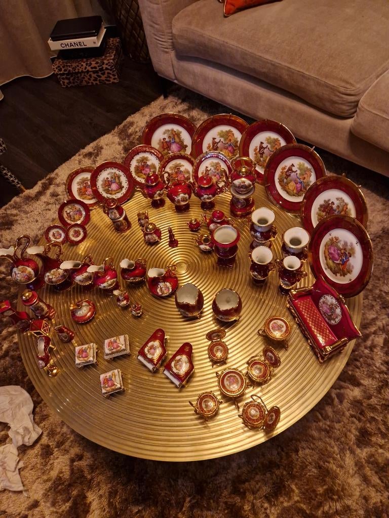 Prachtig Limoges Porseleinen Theeservies - Rood met Goud, Antiek en Kunst, Ophalen of Verzenden