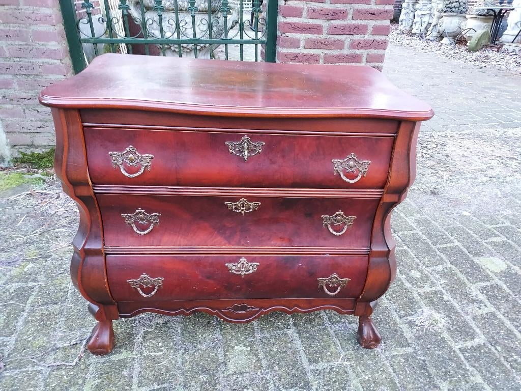 Barokstijl mahonie 3-laden buikcommode, bxdxh = 75x42x67 cm., 50 tot 100 cm, 3 of 4 laden, Niet bekend, 25 tot 50 cm