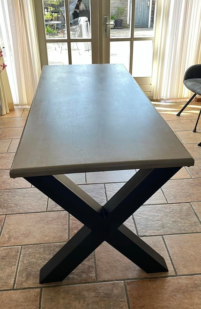 Massief eiken eetkamertafel met X-poot onderstel, Huis en Inrichting, Tafels | Eettafels, Ophalen, Gebruikt, Eikenhout, 50 tot 100 cm