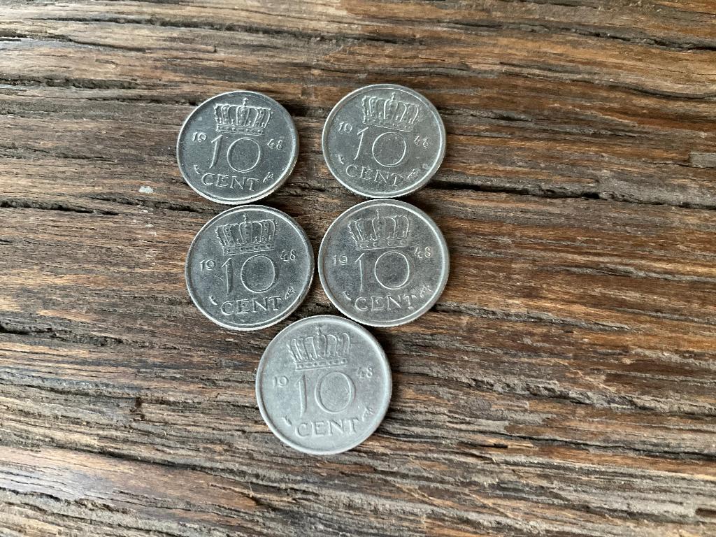 5 Dubbeltjes 1948, Ophalen of Verzenden, Koningin Wilhelmina, 10 cent, Losse munt
