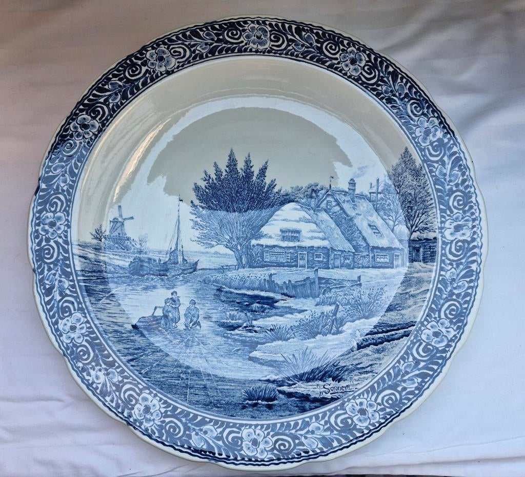 Groot Delfts Blauw Wandbord - Boch - Winterlandschap 40cm, Ophalen of Verzenden