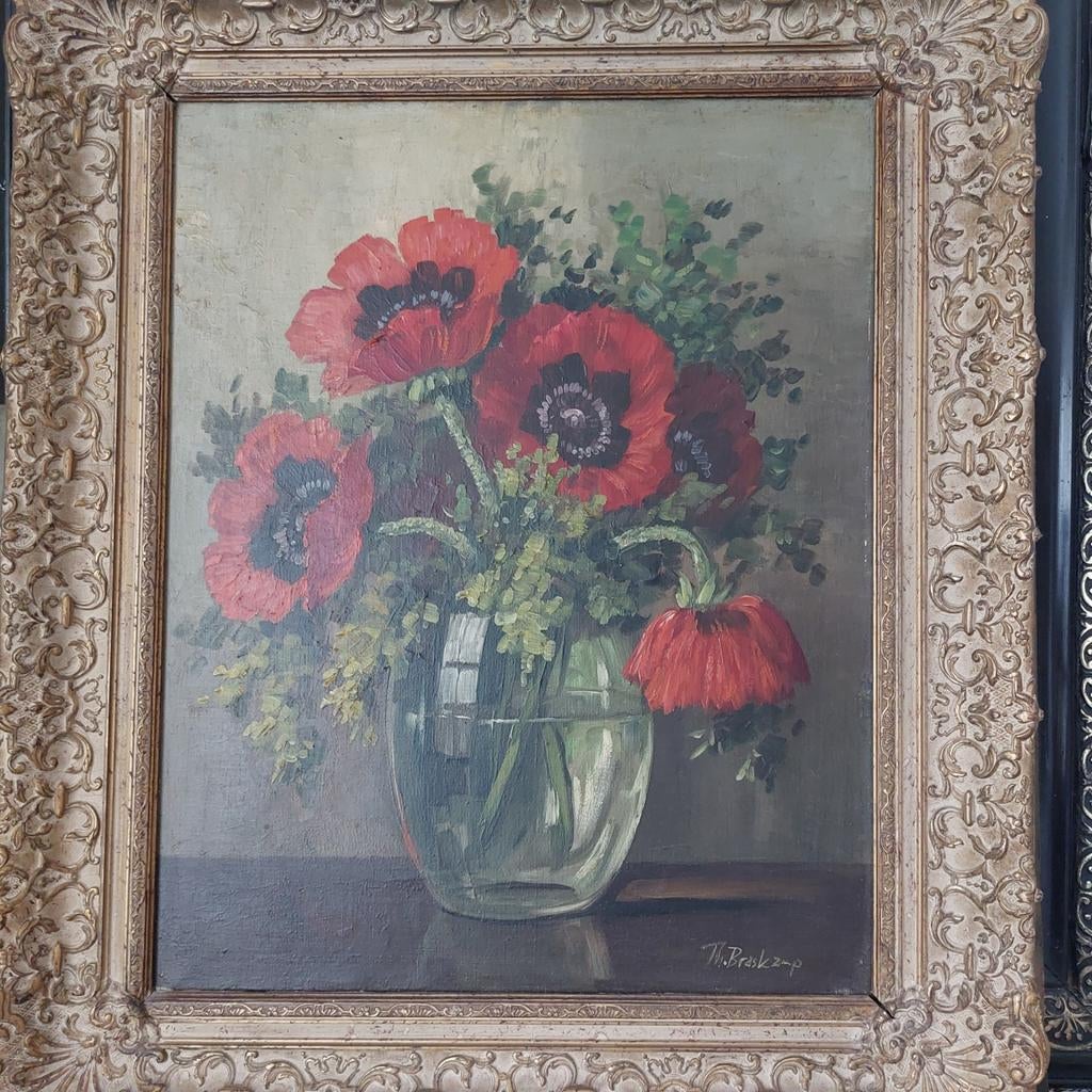 Oud Schilderij klaprozen/ anemoon. Olieverf op doek, Antiek en Kunst, Ophalen