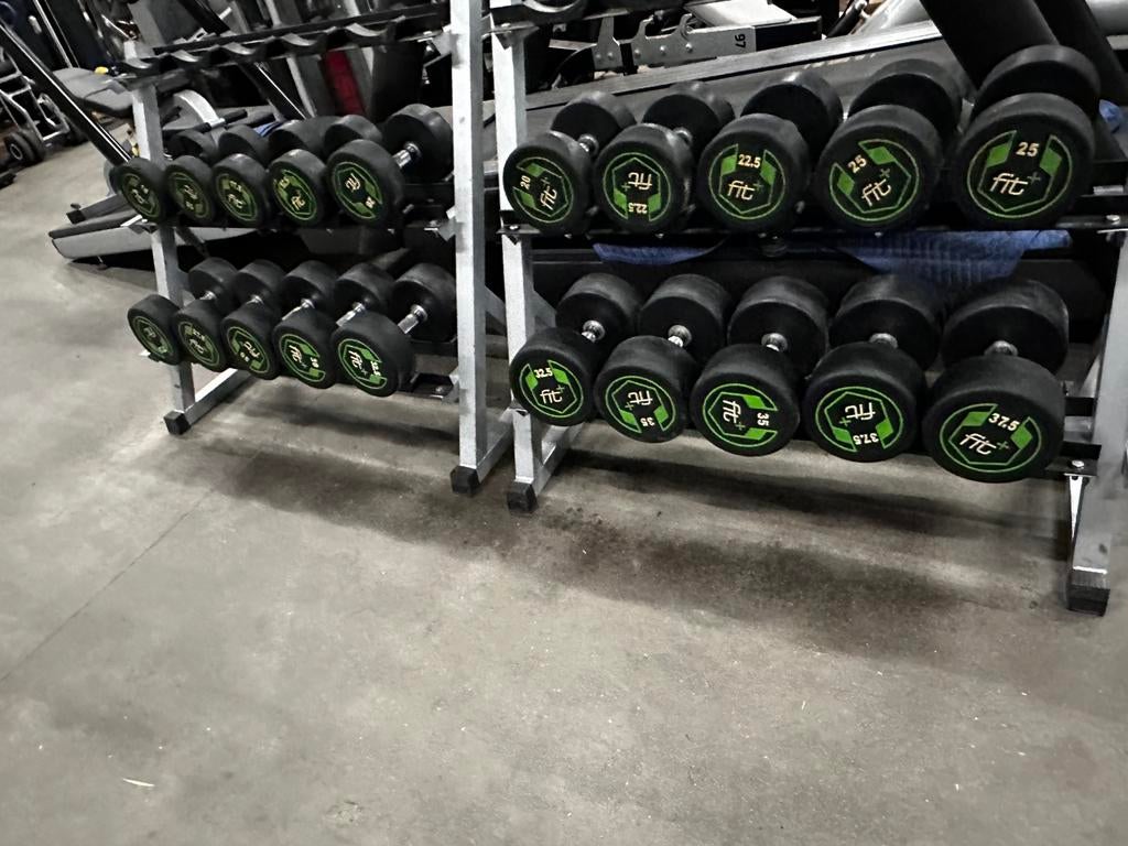 Vaste Rubberen Dumbells 15kg t/m 37,5kg + 2 Dumbells Rekken, Sport en Fitness, Fitnessmaterialen, Ophalen, Gebruikt, Dumbbell