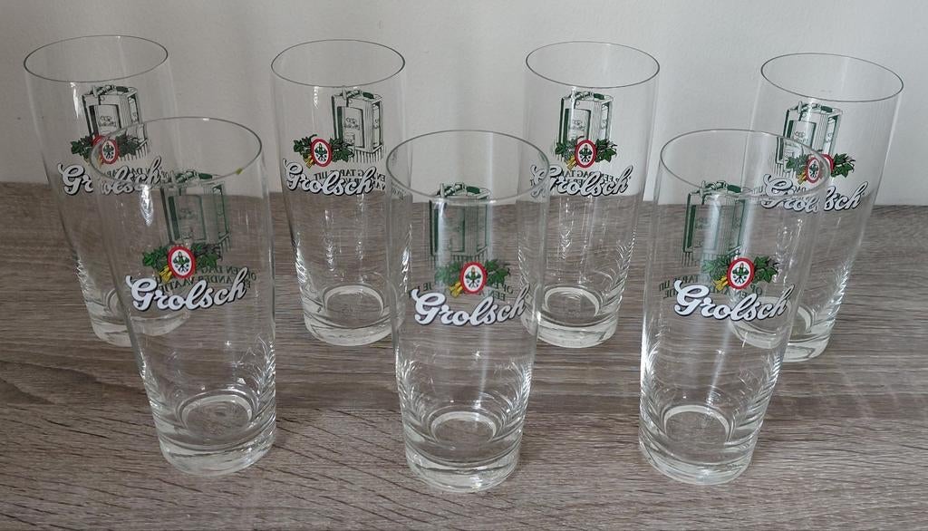 7   vintage   grolsch  glazen  als nieuw  gratis 2 potjes, Ophalen of Verzenden, Zo goed als nieuw, Meerkleurig, Overige merken