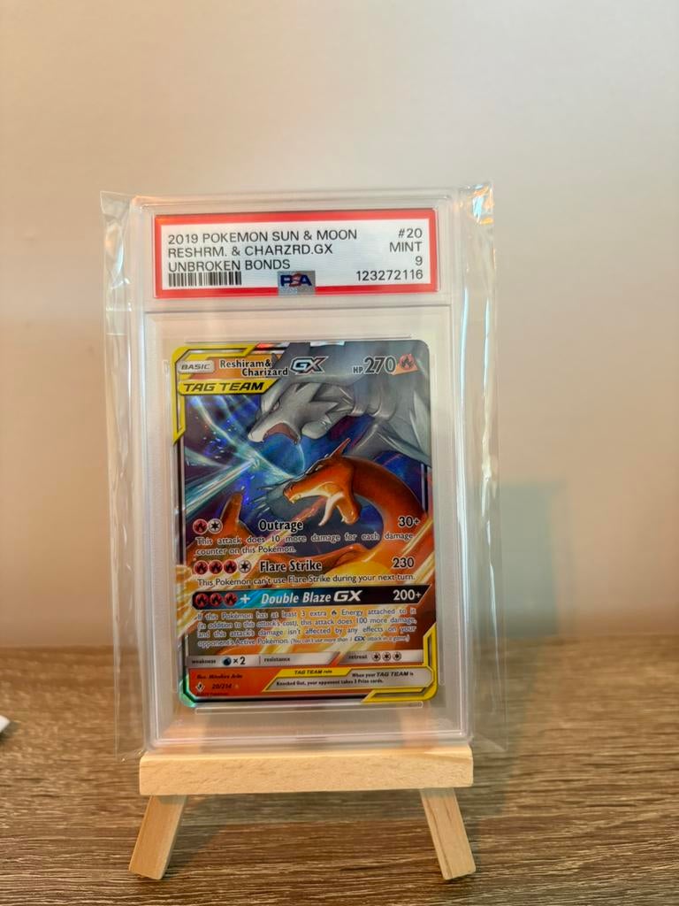 Reshiram & Charizard GX PSA 9 - Unbroken Bonds #20/214, Ophalen of Verzenden, Zo goed als nieuw
