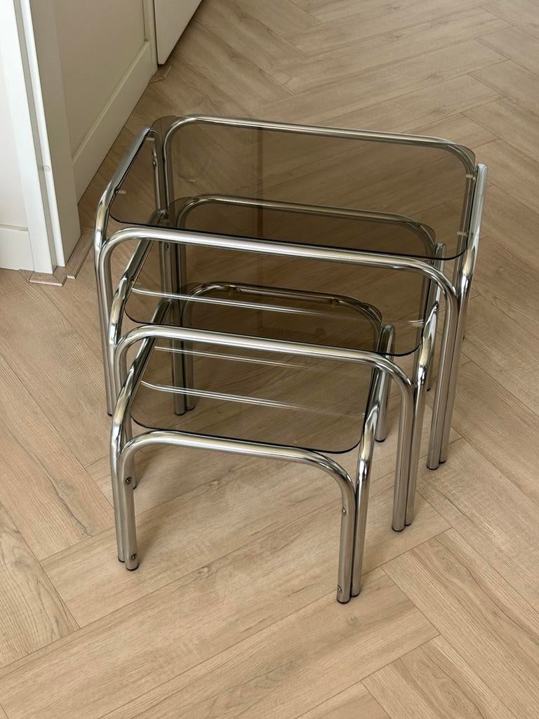 Vintage mimiset bijzettafels chroom bruin rookglas, Huis en Inrichting, Tafels | Bijzettafels, Ophalen, Gebruikt, Glas