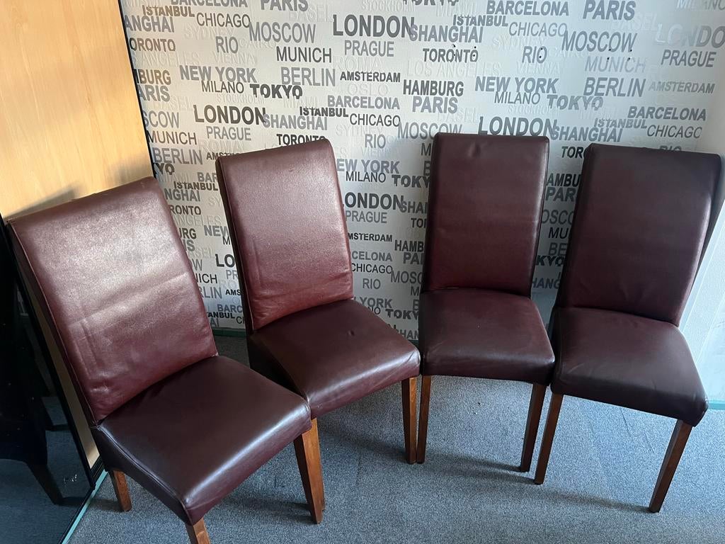 Set van 4 bruine eetkamerstoelen, Huis en Inrichting, Stoelen, Gebruikt, Vier, Leer, Bruin, Ophalen